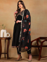Women Black Silk Blend Embroidered A-Line Kurta Pant Set With Dupatta
